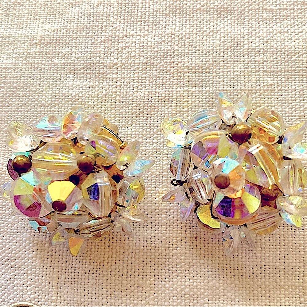Vintage iridescent crystal clip on earrings.